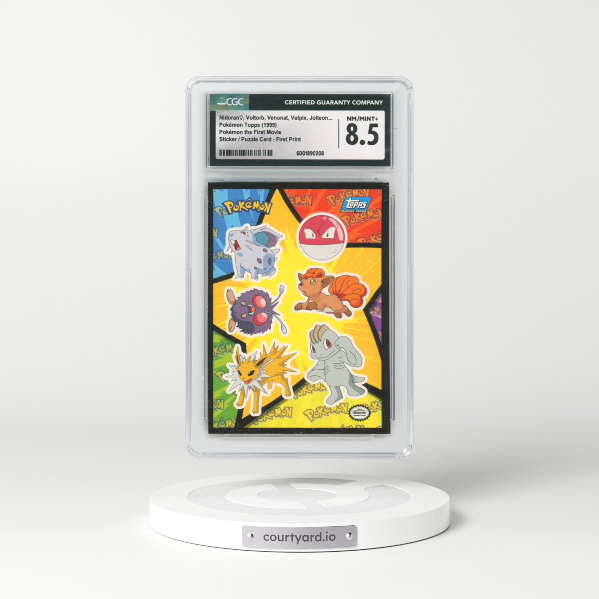 1999 Pokémon the First Movie Nidoran ♀, Voltorb, Venonat, Vulpix, Jolteon, Machop - Sticker / Ash Puzzle Card First Print (Blue Topps Logo) (CGC 8.5 NM-MT+)