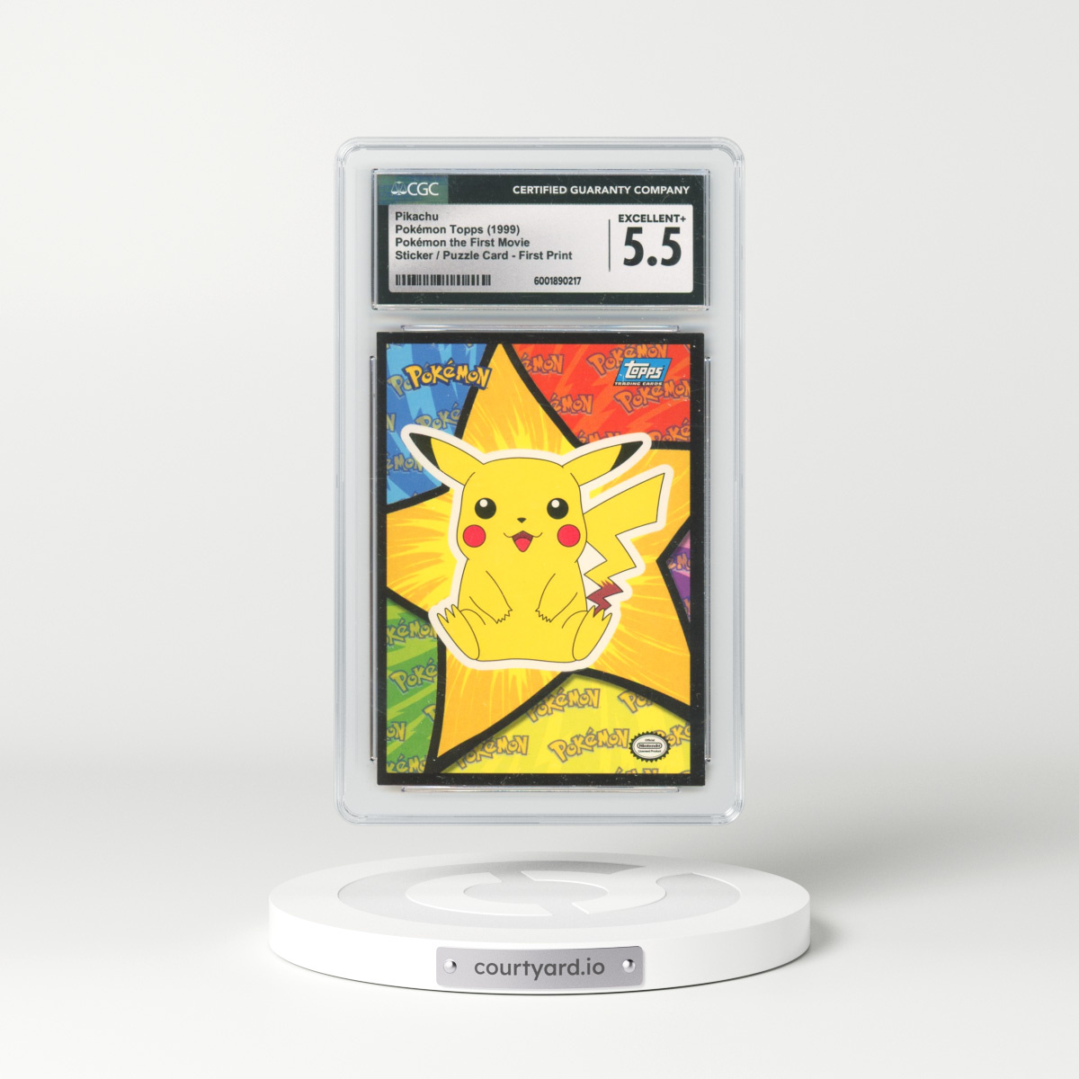 1999 Pokémon the First Movie Pikachu (Sitting) - Sticker / Mewtwo Puzzle Card First Print (Blue Topps Logo) (CGC 5.5 EX+)