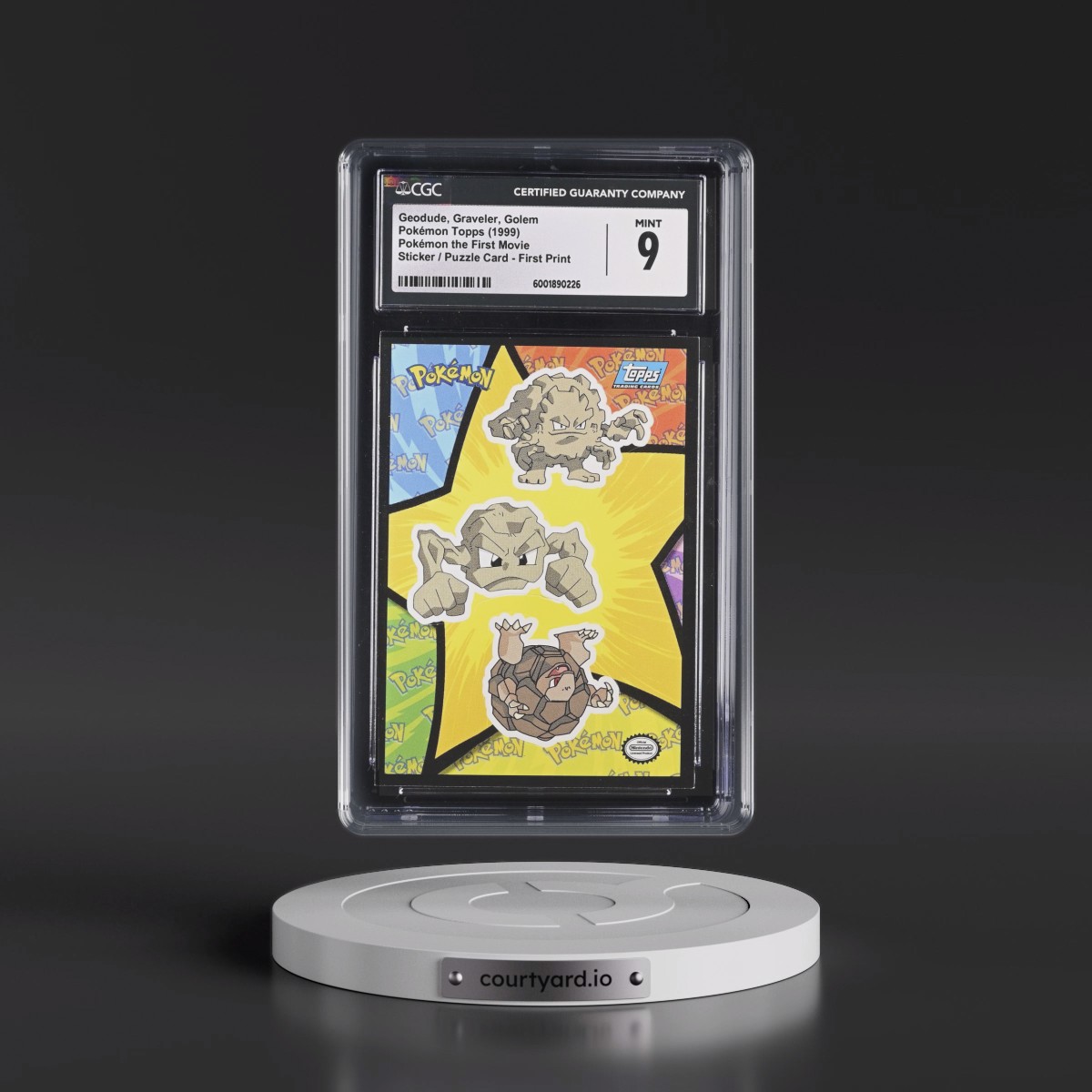 1999 Pokémon the First Movie Geodude, Graveler, Golem - Sticker / Ash Puzzle Card First Print (Blue Topps Logo) (CGC 9 MINT)