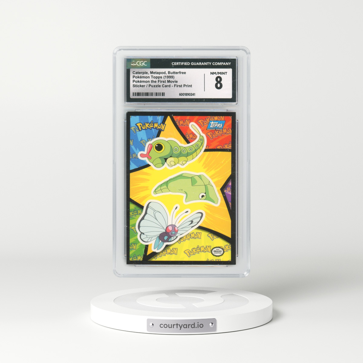 1999 Pokémon the First Movie Caterpie, Metapod, Butterfree - Sticker / Ash Puzzle Card First Print (Blue Topps Logo) (CGC 8 NM-MT)