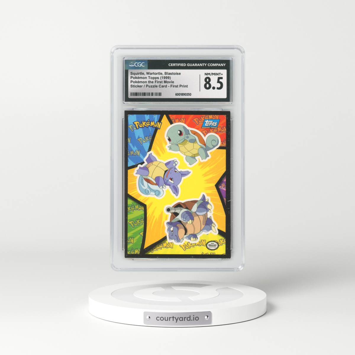 1999 Pokémon the First Movie Squirtle, Wartortle, Blastoise - Sticker / Mewtwo Puzzle Card First Print (Blue Topps Logo) (CGC 8.5 NM-MT+)