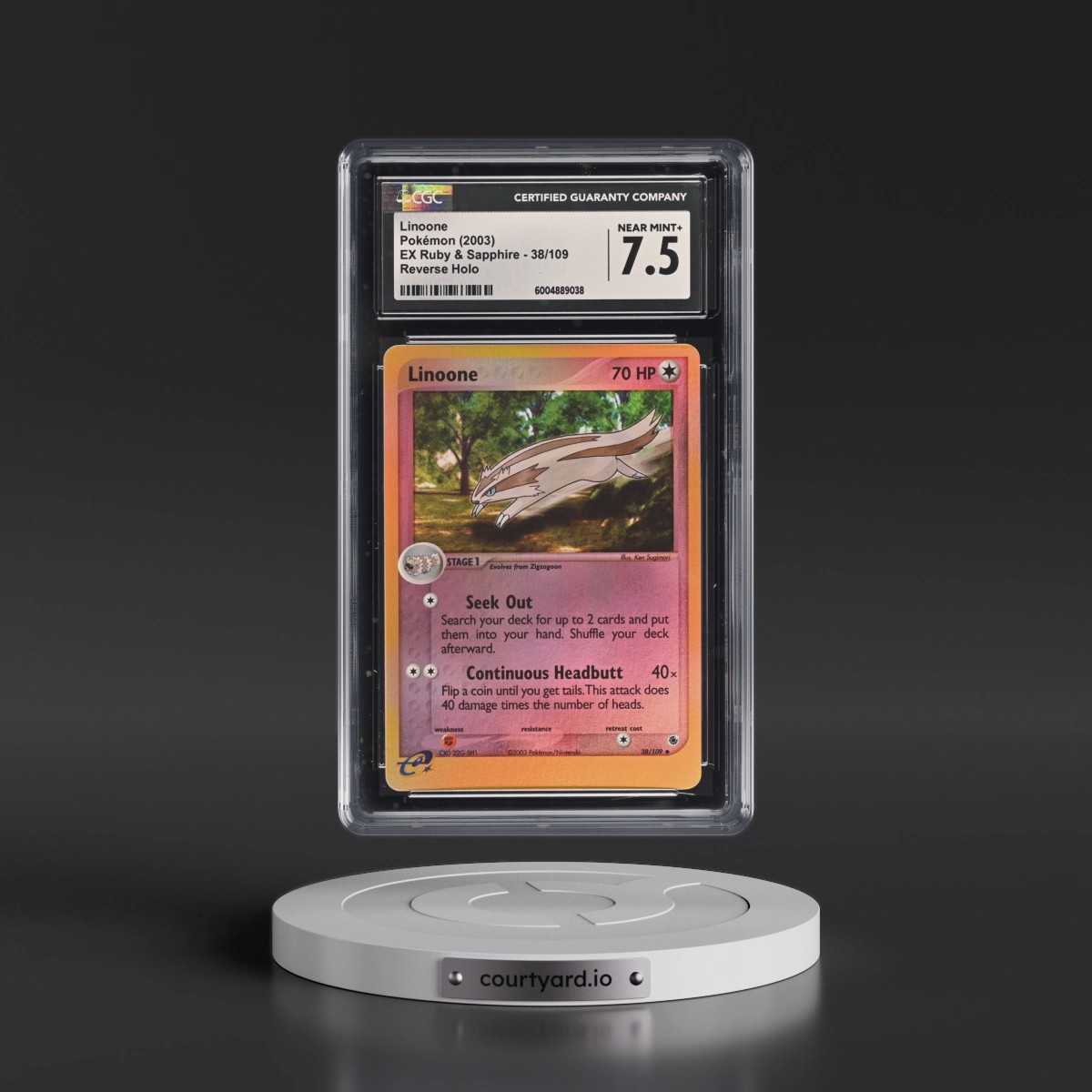 2003 EX Ruby & Sapphire (2003 Copyright, w/ "e" Symbol) #38/109 Linoone - Reverse Holo (CGC 7.5 NM+)
