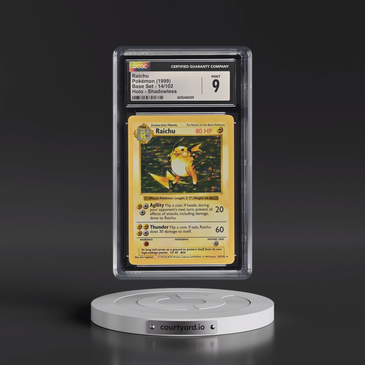 1999 Base Set #14/102 Raichu - Shadowless Shadowless Holo (CGC 9 MINT)