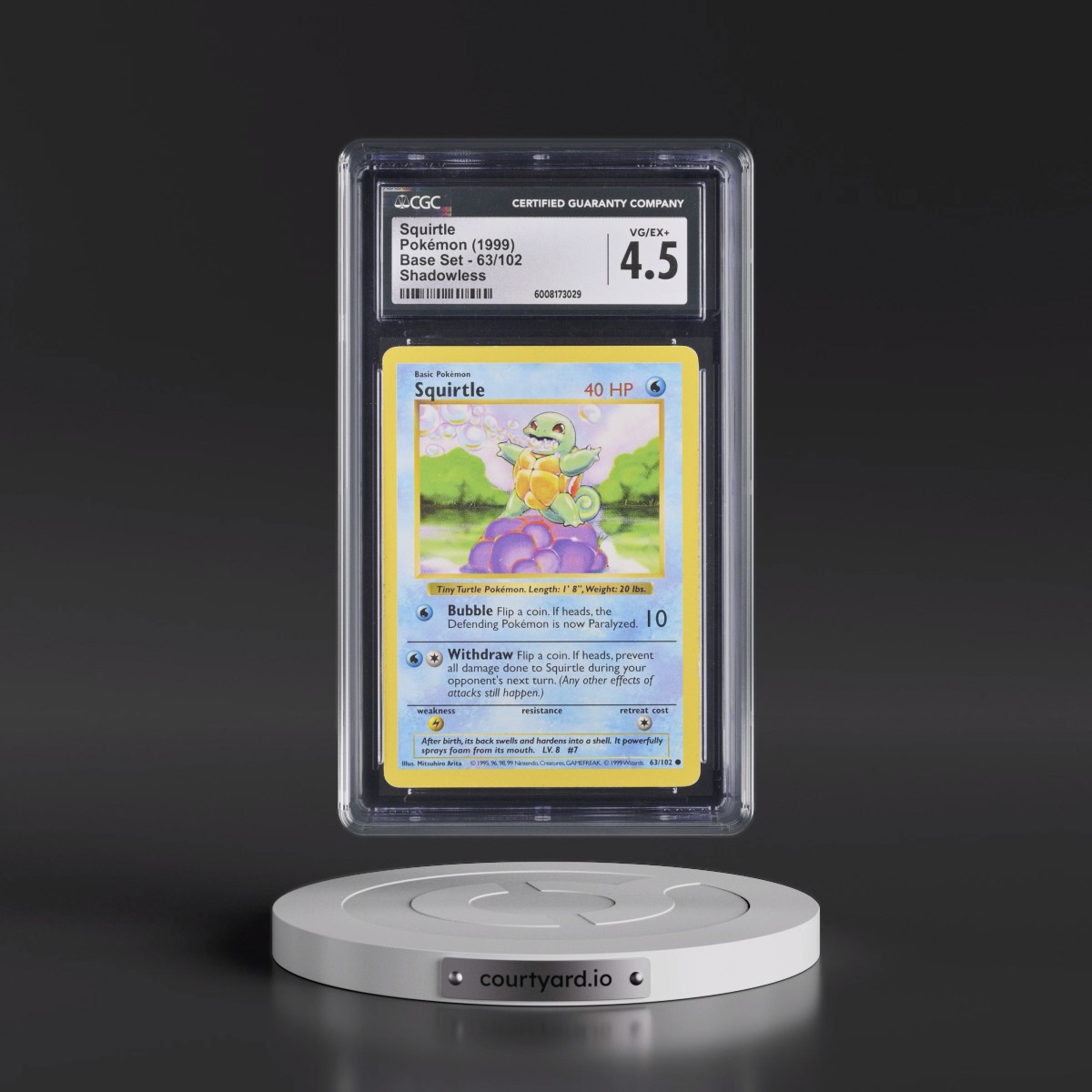 1999 Base Set #63/102 Squirtle - Shadowless Shadowless (CGC 4.5 VG-EX+)