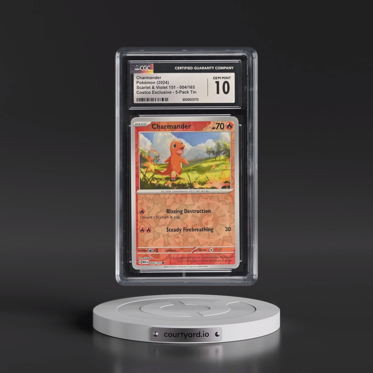 2023 Scarlet & Violet 151 - MEW EN #004/165 Charmander - (Rev. Cos. Holo)Costco Exclusive (2023 on Card) 5-Pack Tin (CGC 10 GEM MINT)