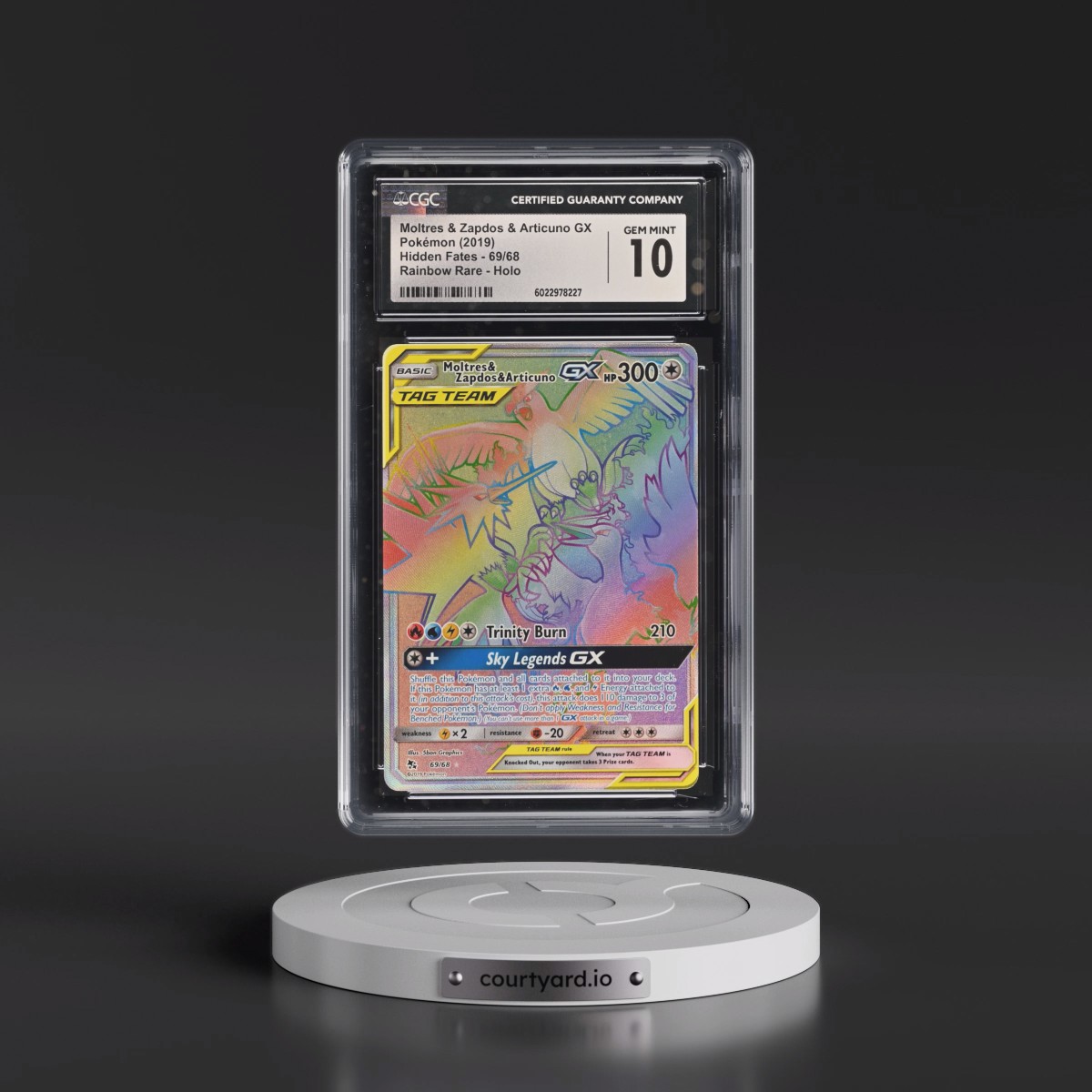 2019 Hidden Fates #69/68 Moltres & Zapdos & Articuno GX - Rainbow Rare Holo (CGC 10 GEM MINT)