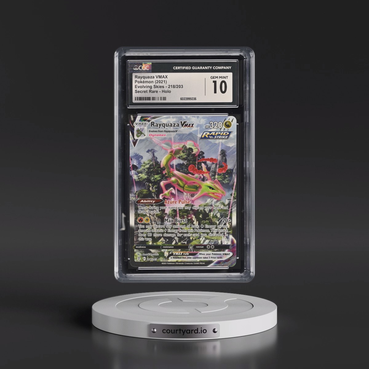 2021 Evolving Skies #218/203 Rayquaza VMAX - Secret Rare Holo (CGC 10 GEM MINT)