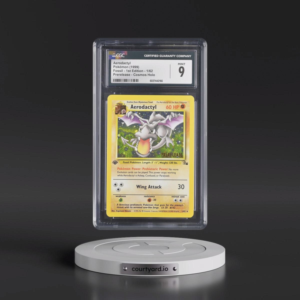 1999 Fossil #1/62 Aerodactyl - 1st Edition Prerelease (Gold Stamp) Cosmos Holo (Gold) (CGC 9 MINT)