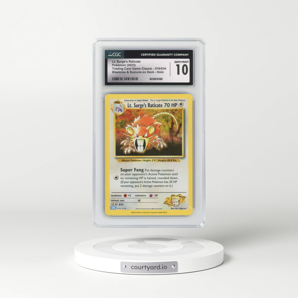 2023 Trading Card Game Classic - CLV, CLC, CLB #016/034 Lt. Surge's Raticate - Blastoise &amp; Suicune ex Deck - CLB Holo (CGC 10 GEM MINT)