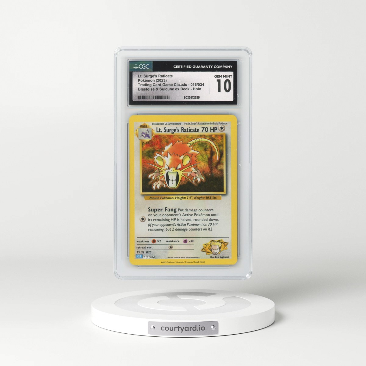 2023 Trading Card Game Classic - CLV, CLC, CLB #016/034 Lt. Surge's Raticate - Blastoise &amp; Suicune ex Deck - CLB Holo (CGC 10 GEM MINT)