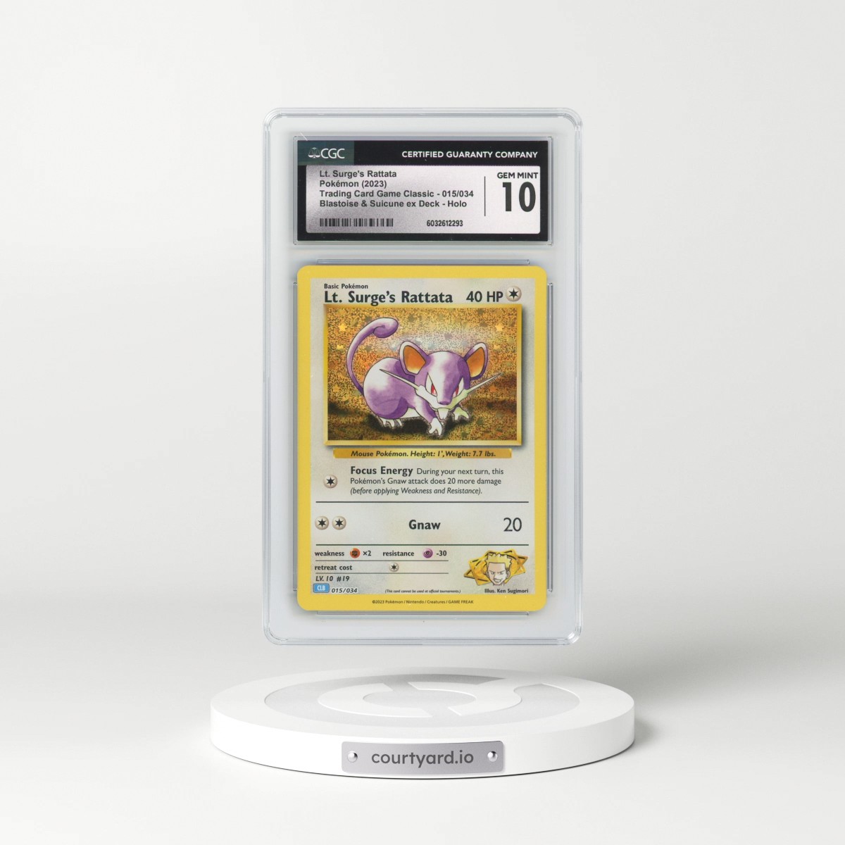 2023 Trading Card Game Classic - CLV, CLC, CLB #015/034 Lt. Surge's Rattata - Blastoise & Suicune ex Deck - CLB Holo (CGC 10 GEM MINT)