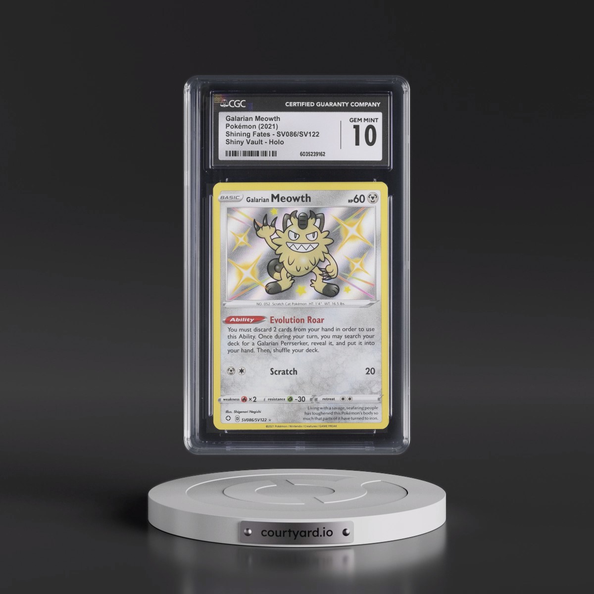 2021 Shining Fates #SV086/SV122 Galarian Meowth - Shiny Vault Holo (CGC 10 GEM MINT)