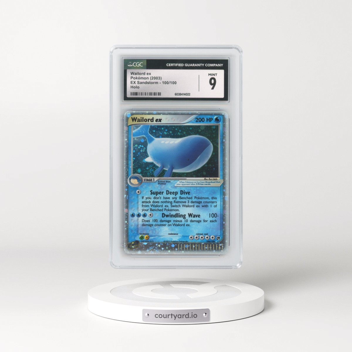 2003 EX Sandstorm (2003 Copyright, w/ "e" Symbol) #100/100 Wailord ex - Holo (CGC 9 MINT)