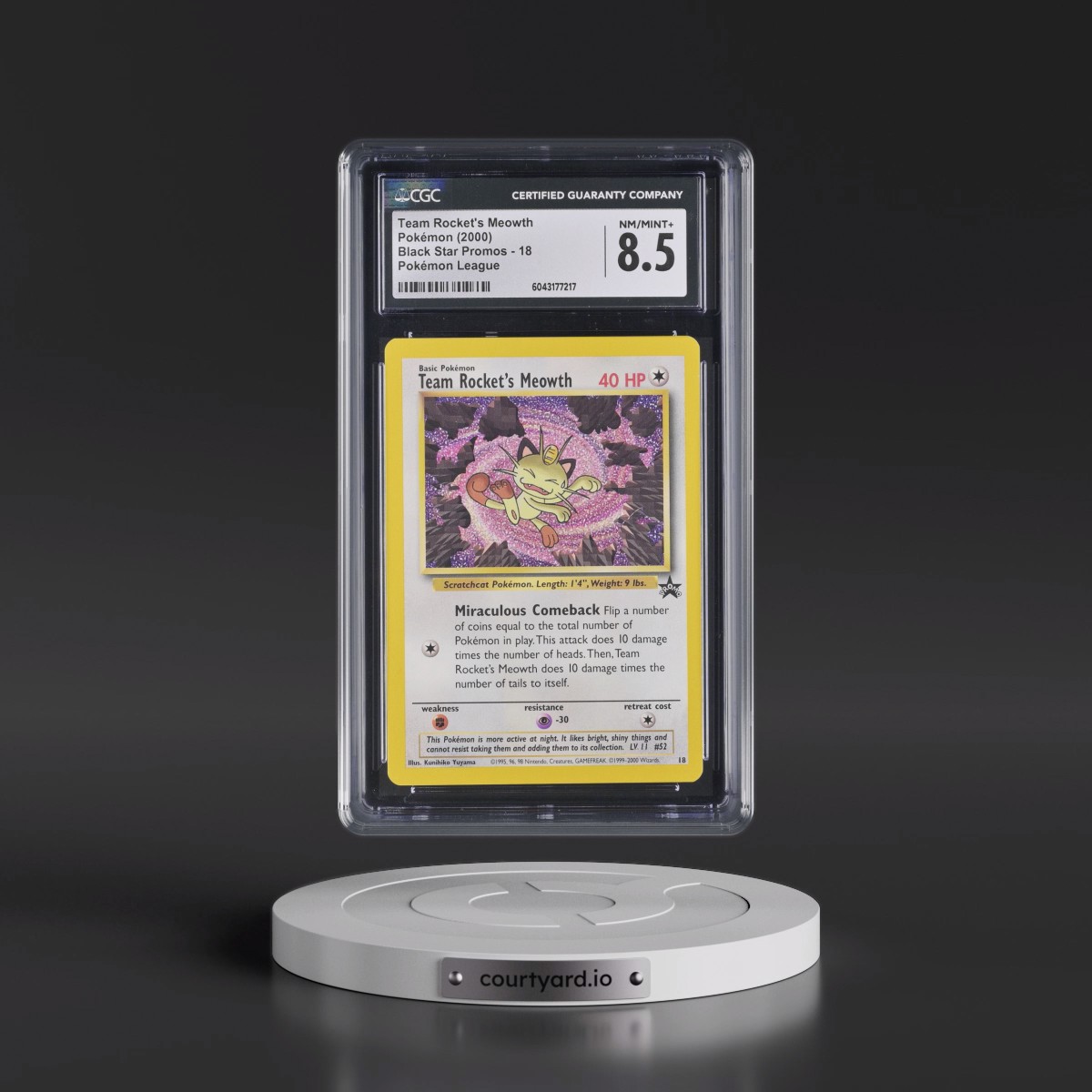 1999 Black Star Promos #18 Team Rocket's Meowth - Pokémon League (CGC 8.5 NM-MT+)