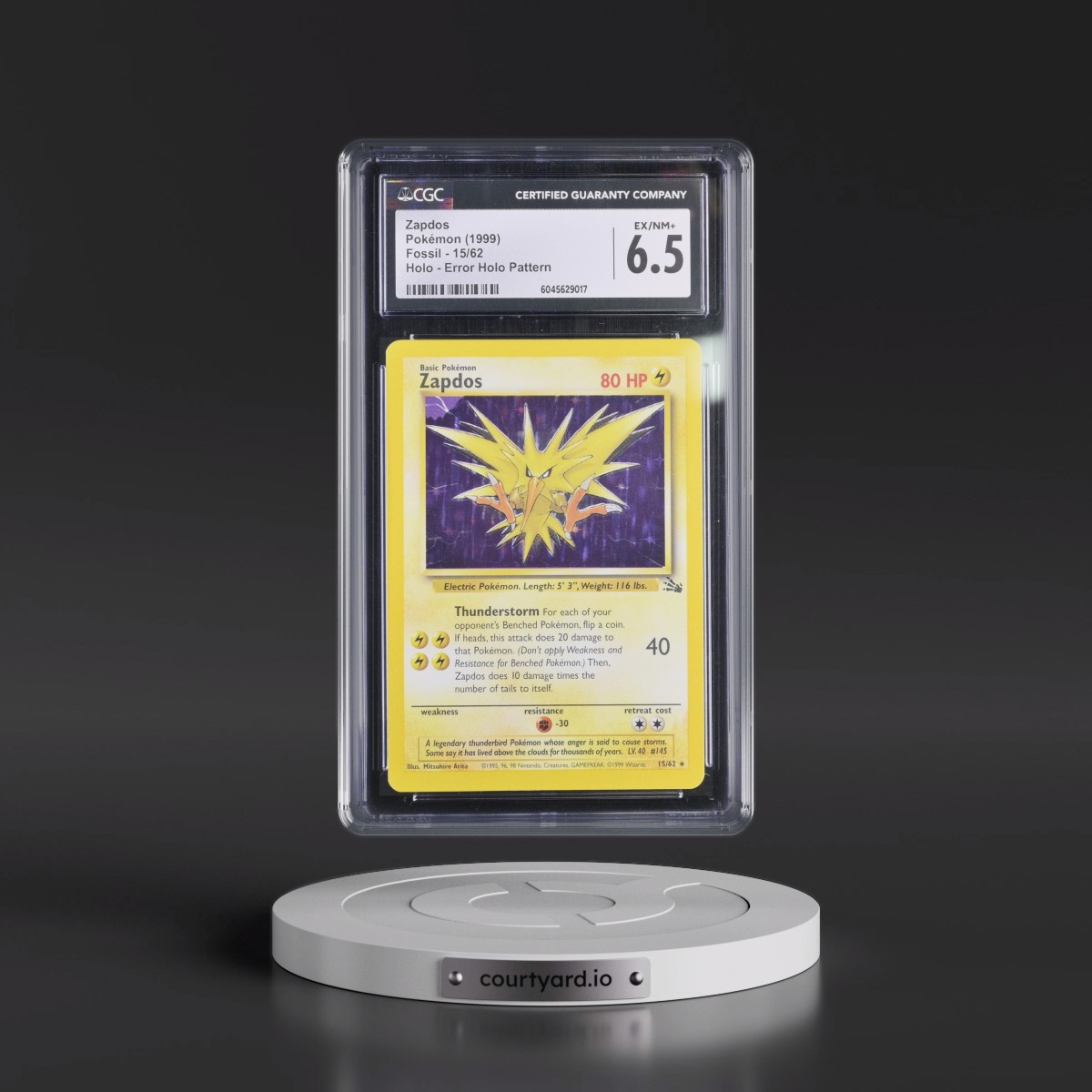 1999 Fossil #15/62 Zapdos - Error Holo Pattern Galaxy Star Holo (CGC 6.5 EX-NM+)