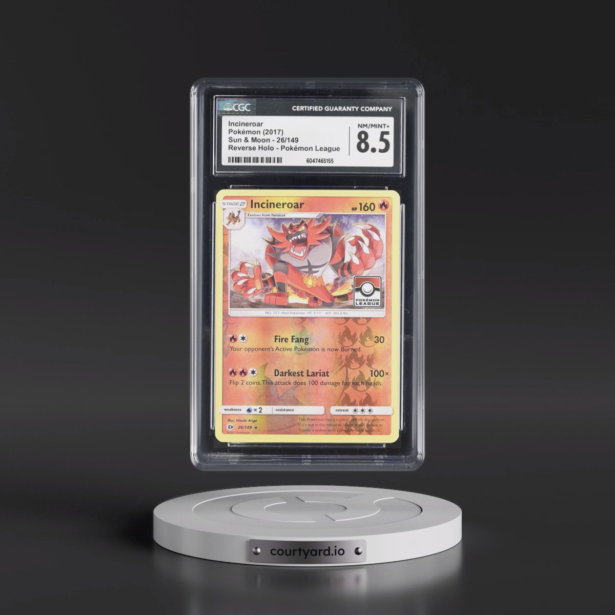 2017 Sun & Moon #26/149 Incineroar - Reverse Holo Pokémon League (CGC 8.5 NM-MT+)