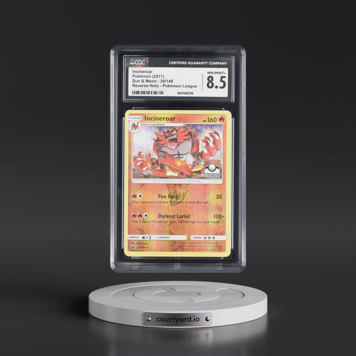 2017 Sun & Moon #26/149 Incineroar - Reverse Holo Pokémon League (CGC 8.5 NM-MT+)