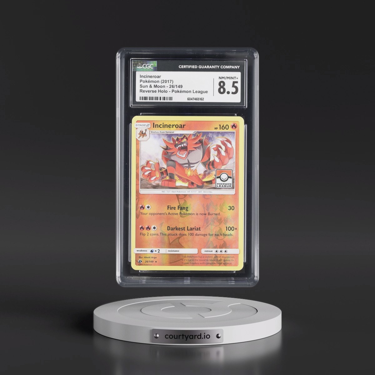 2017 Sun & Moon #26/149 Incineroar - Reverse Holo Pokémon League (CGC 8.5 NM-MT+)