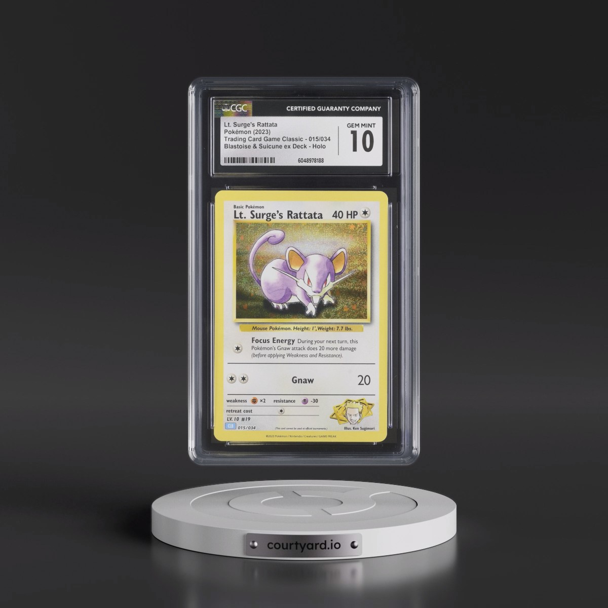 2023 Trading Card Game Classic - CLV, CLC, CLB #015/034 Lt. Surge's Rattata - Blastoise & Suicune ex Deck - CLB Holo (CGC 10 GEM MINT)