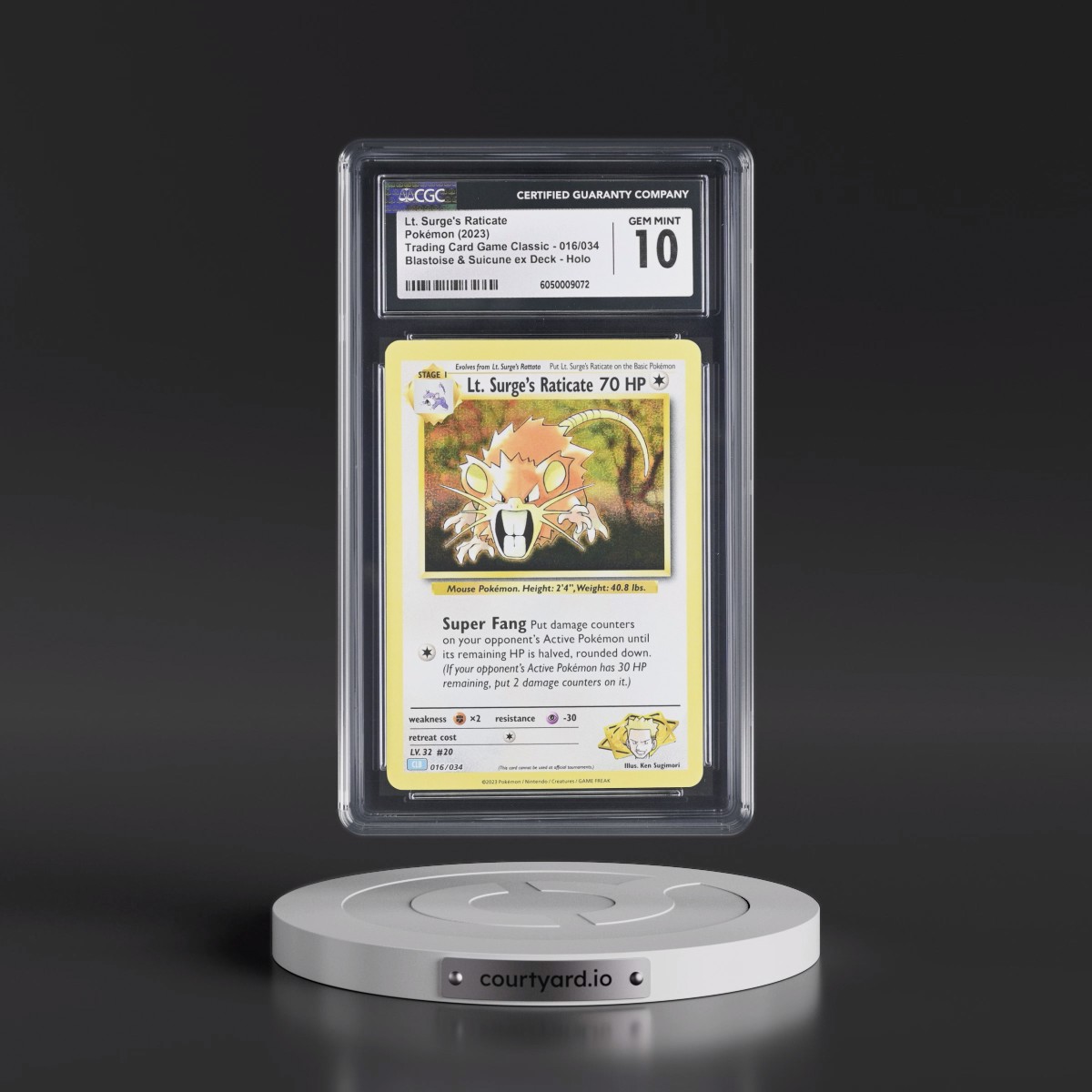 2023 Trading Card Game Classic - CLV, CLC, CLB #016/034 Lt. Surge's Raticate - Blastoise & Suicune ex Deck - CLB Holo (CGC 10 GEM MINT)