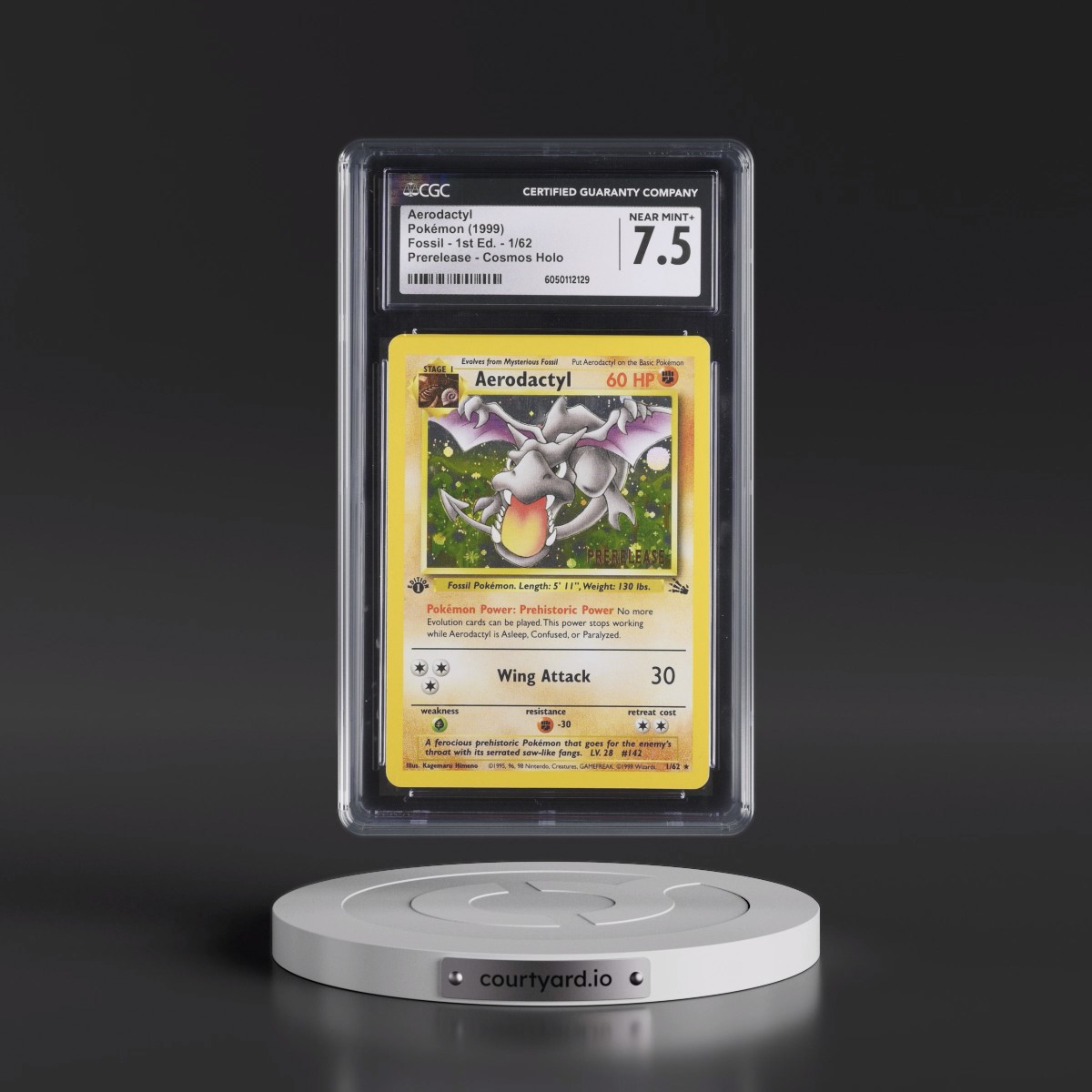 1999 Fossil #1/62 Aerodactyl - 1st Edition Prerelease (Gold Stamp) Cosmos Holo (Gold) (CGC 7.5 NM+)