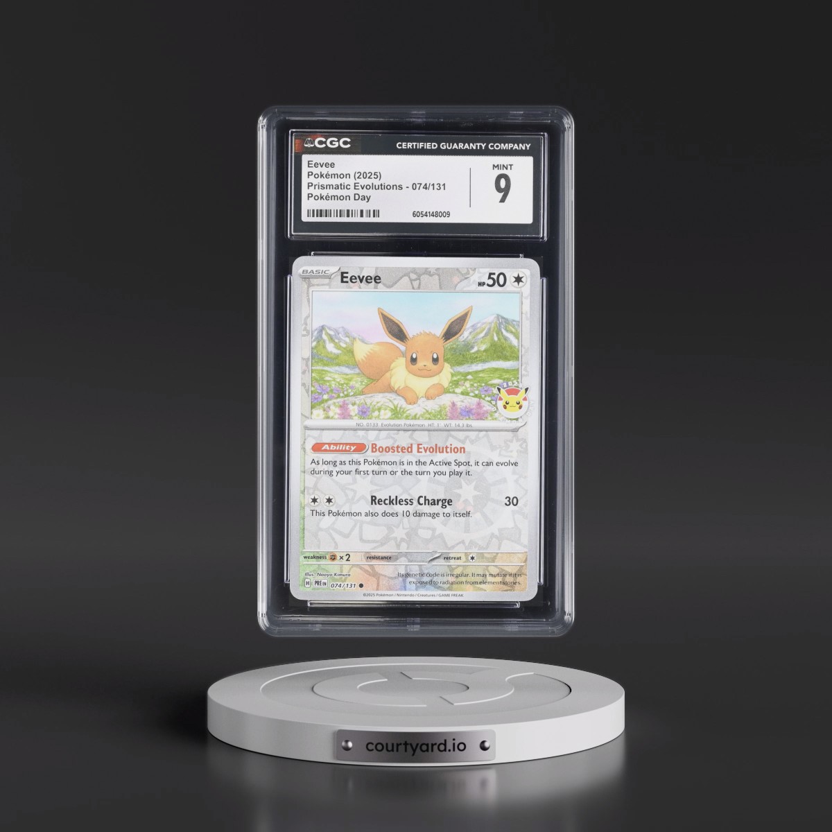 2024 Prismatic Evolutions - PRE EN #074/131 Eevee - Pokémon Day Promo (Reverse Cosmos Holo) (CGC 9 MINT)