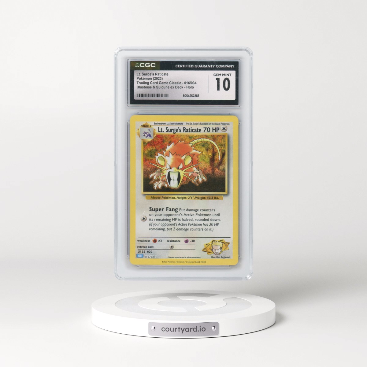 2023 Trading Card Game Classic - CLV, CLC, CLB #016/034 Lt. Surge's Raticate - Blastoise &amp; Suicune ex Deck - CLB Holo (CGC 10 GEM MINT)