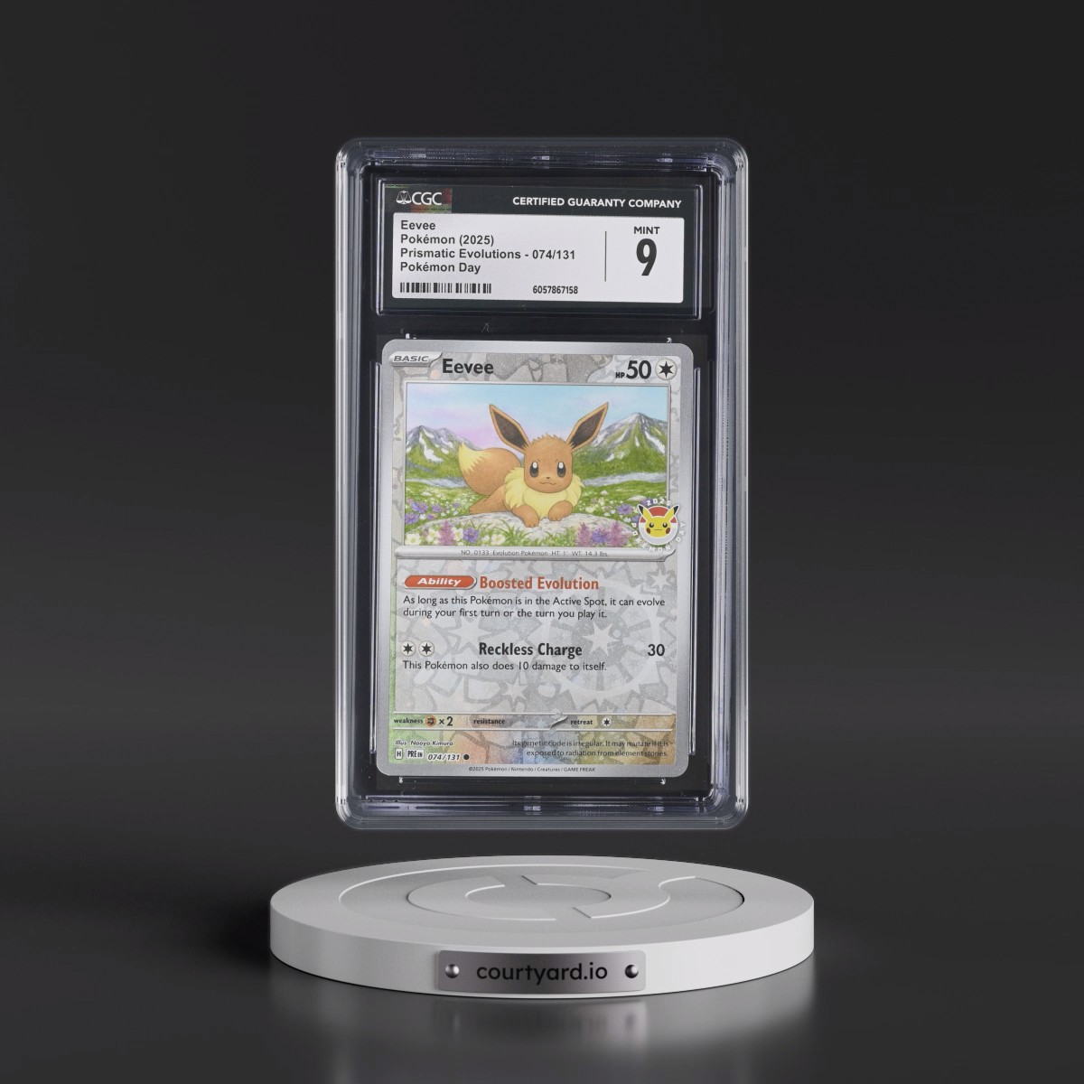 2024 Prismatic Evolutions - PRE EN #074/131 Eevee - Pokémon Day Promo (Reverse Cosmos Holo) (CGC 9 MINT)