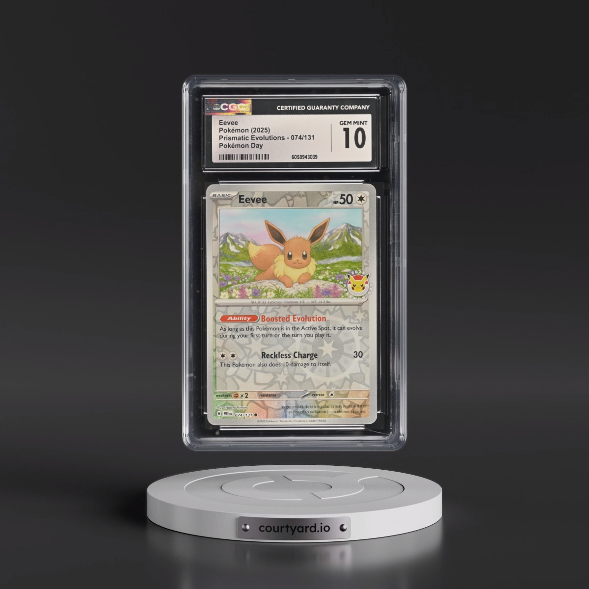 2024 Prismatic Evolutions - PRE EN Eevee - Pokémon Day Promo (Reverse Cosmos Holo) #074/131 CGC 10