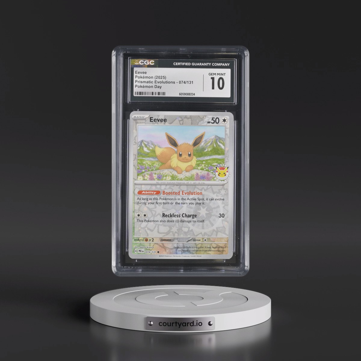 2024 Prismatic Evolutions - PRE EN #074/131 Eevee - Pokémon Day Promo (Reverse Cosmos Holo) (CGC 10 GEM MINT)