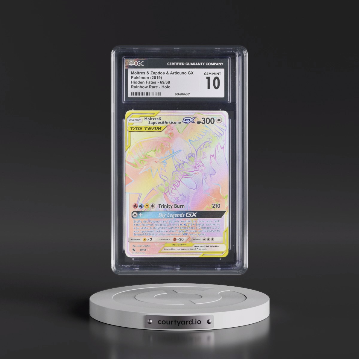2019 Hidden Fates #69/68 Moltres & Zapdos & Articuno GX - Rainbow Rare Holo (CGC 10 GEM MINT)