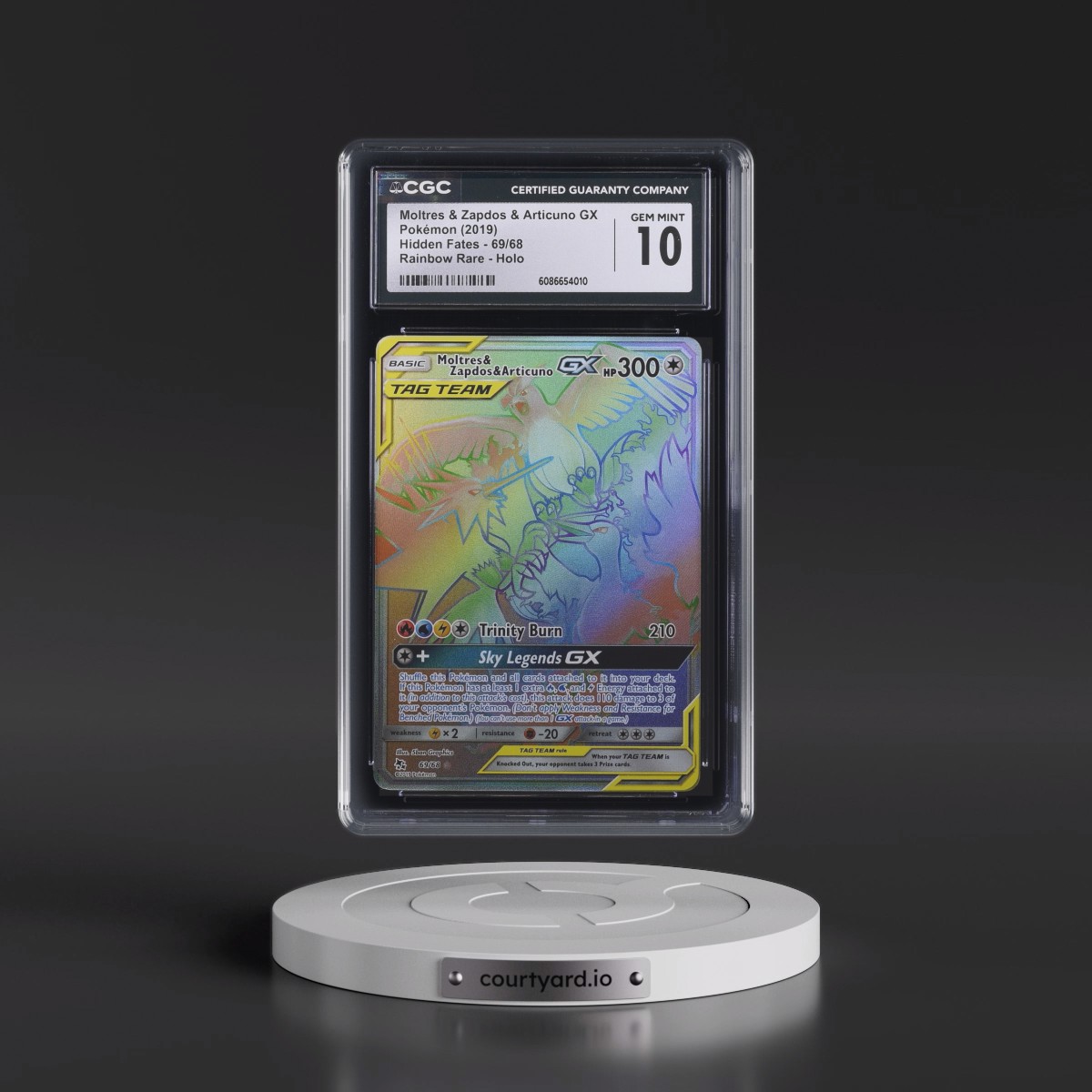 2019 Hidden Fates #69/68 Moltres &amp; Zapdos &amp; Articuno GX - Rainbow Rare Holo (CGC 10 GEM MINT)