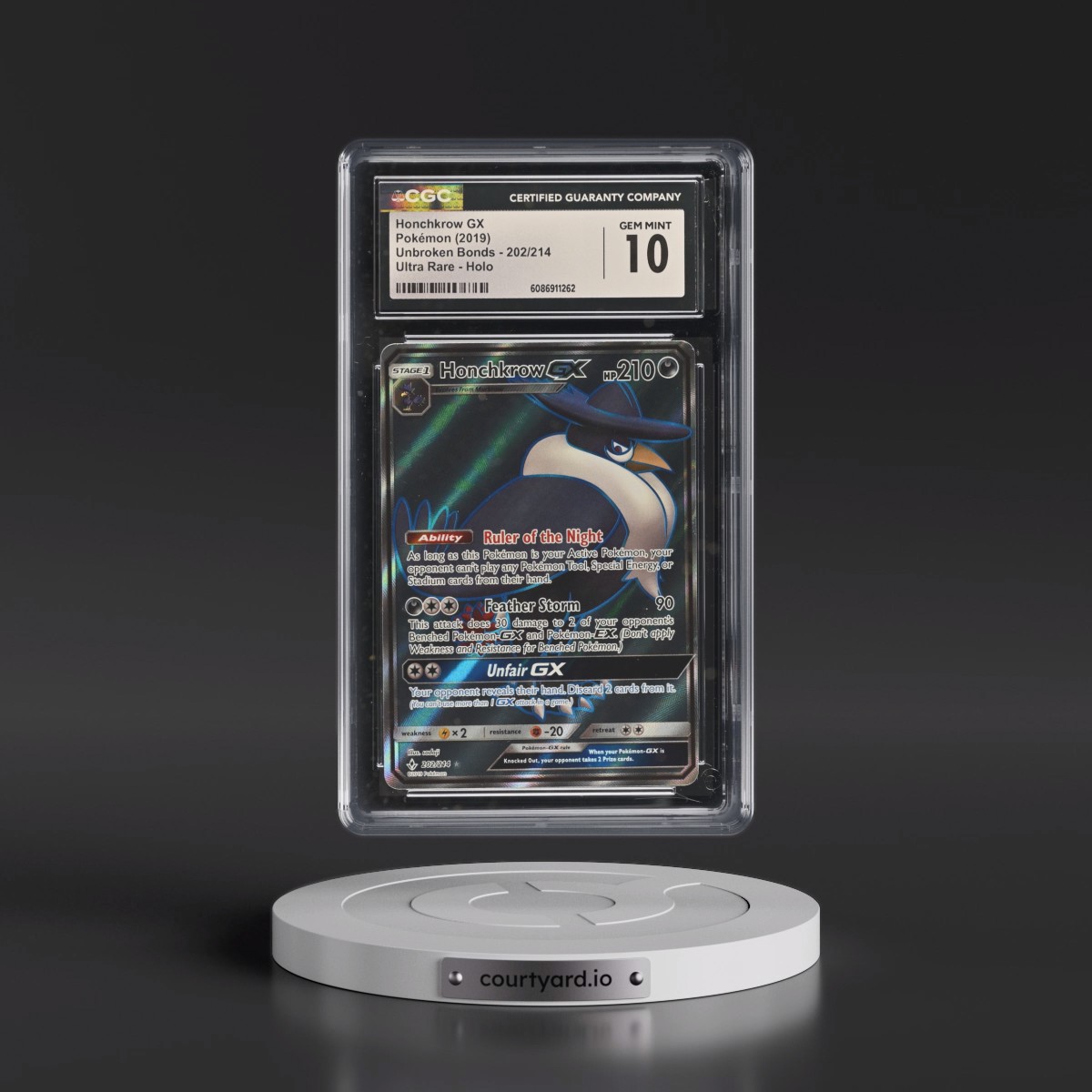 2019 Unbroken Bonds #202/214 Honchkrow GX - Ultra Rare Holo (CGC 10 GEM MINT)