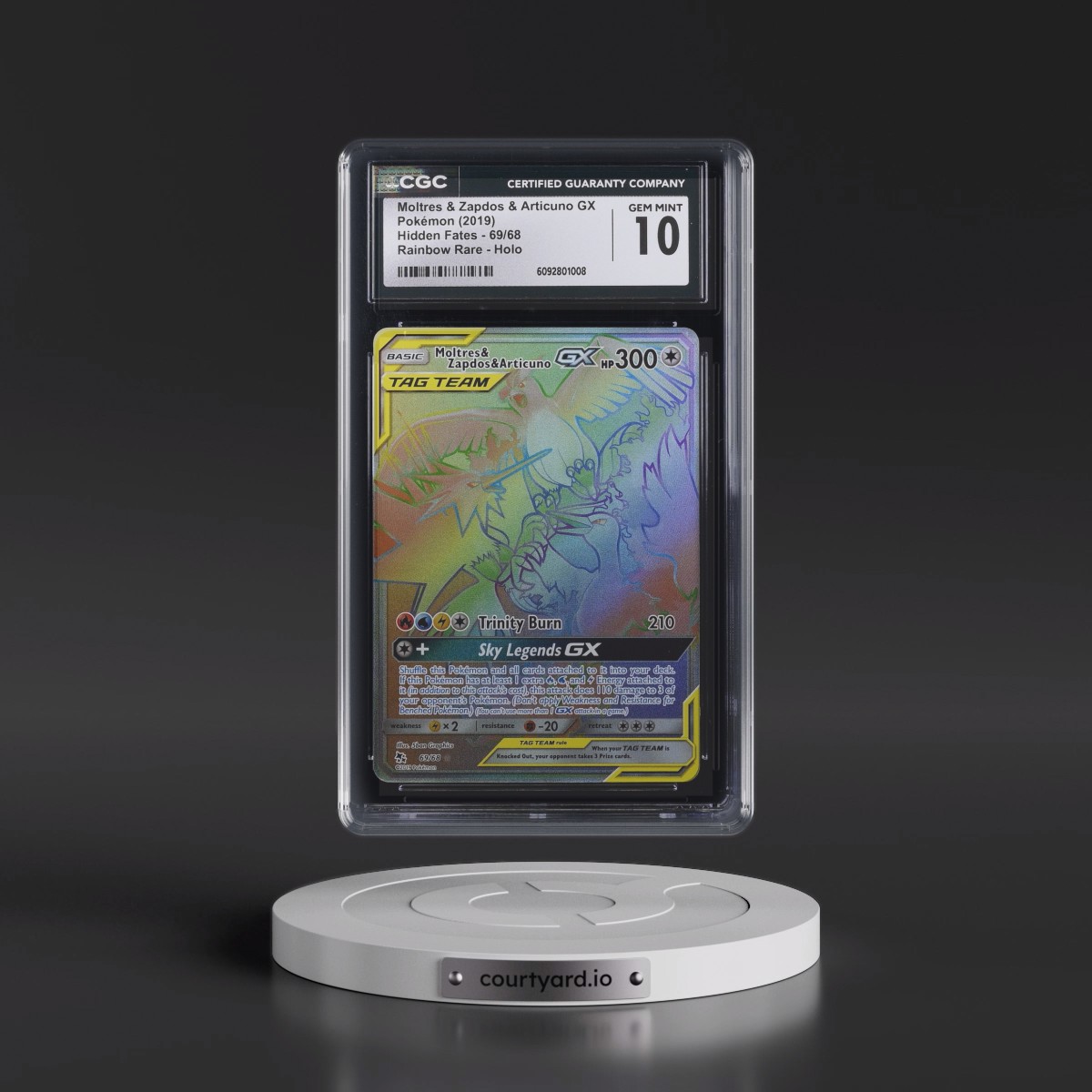 2019 Hidden Fates #69/68 Moltres &amp; Zapdos &amp; Articuno GX - Rainbow Rare Holo (CGC 10 GEM MINT)