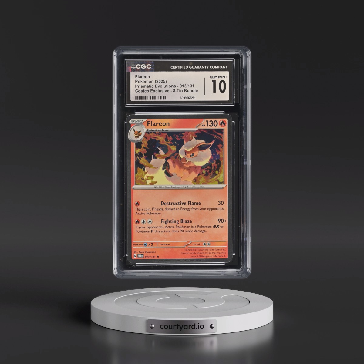 2024 Prismatic Evolutions - PRE EN #013/131 Flareon - (Cosmos Holo) Costco Exclusive 8-Tin Bundle (CGC 10 GEM MINT)