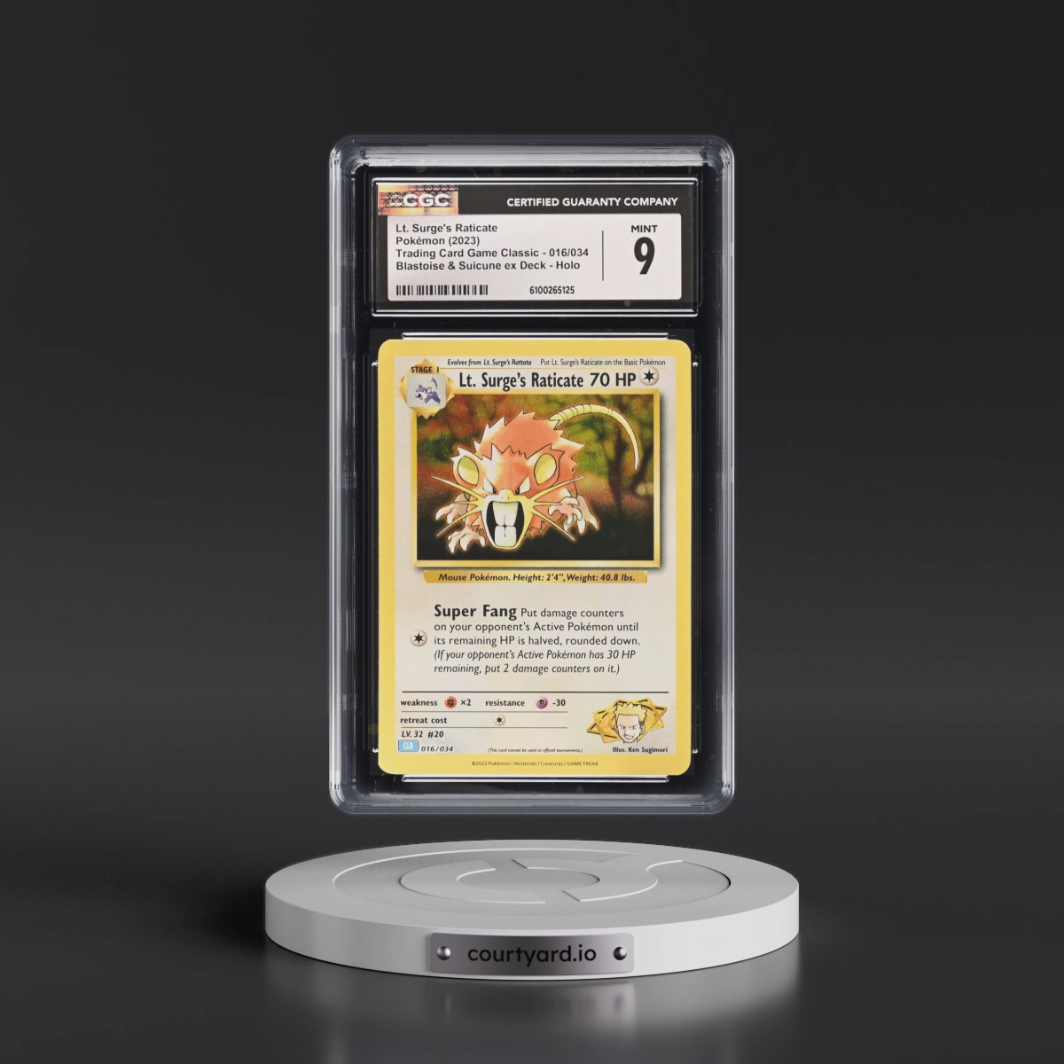 2023 Trading Card Game Classic - CLV, CLC, CLB #016/034 Lt. Surge's Raticate - Blastoise &amp; Suicune ex Deck - CLB Holo (CGC 9 MINT)