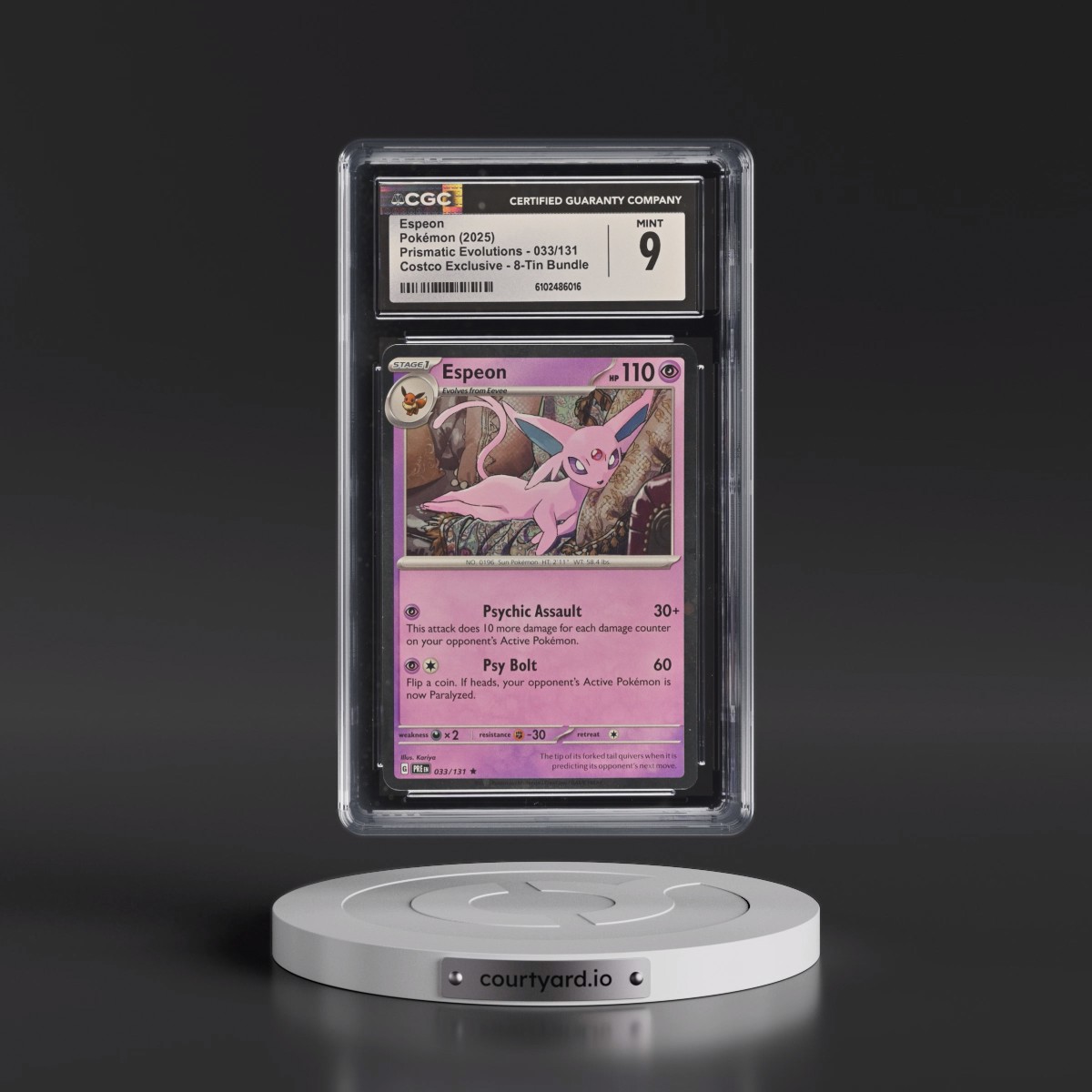 2024 Prismatic Evolutions - PRE EN #033/131 Espeon - (Cosmos Holo) Costco Exclusive 8-Tin Bundle (CGC 9 MINT)
