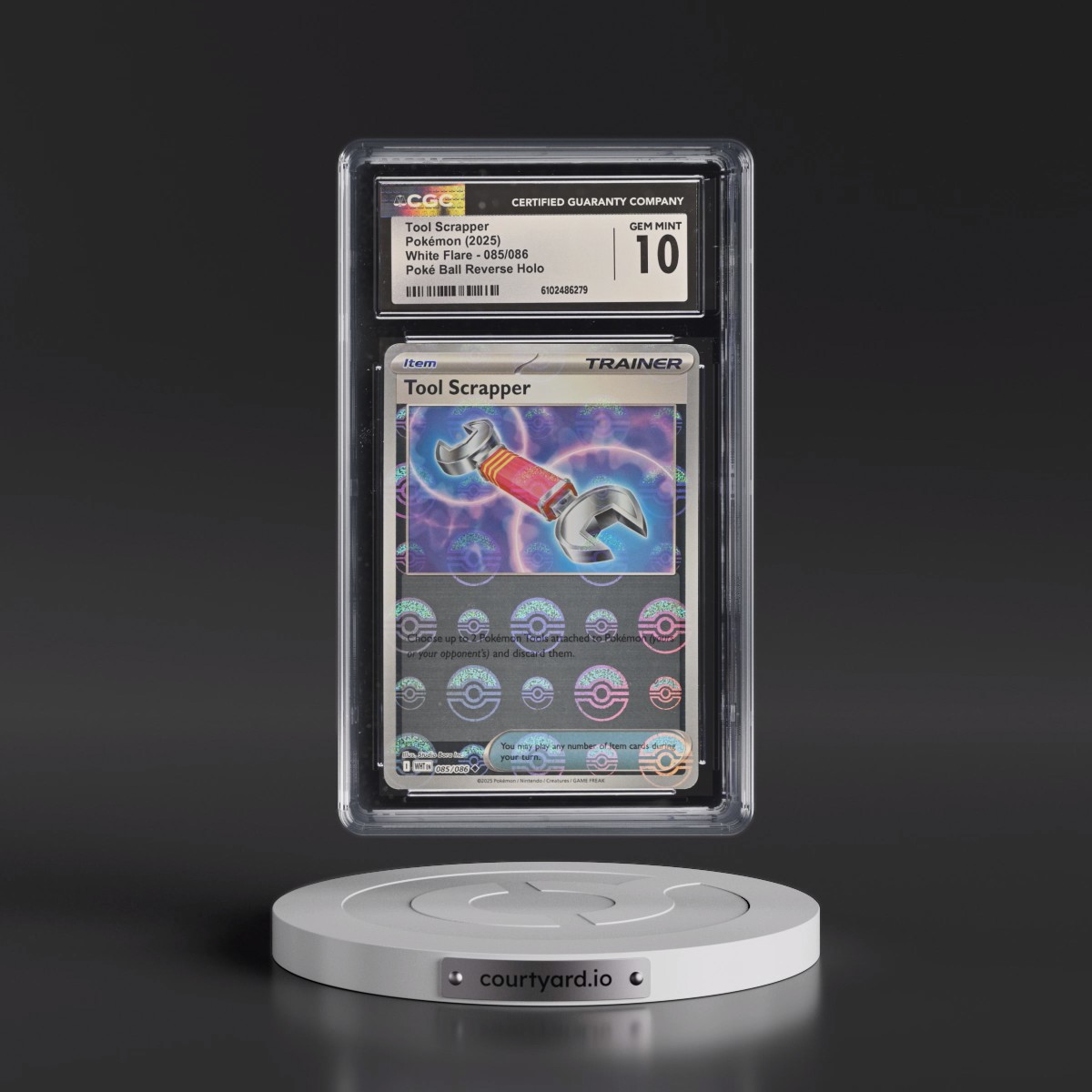2025 White Flare - WHT EN #085/086 Tool Scrapper - Reverse Holo Poké Ball (CGC 10 GEM MINT)