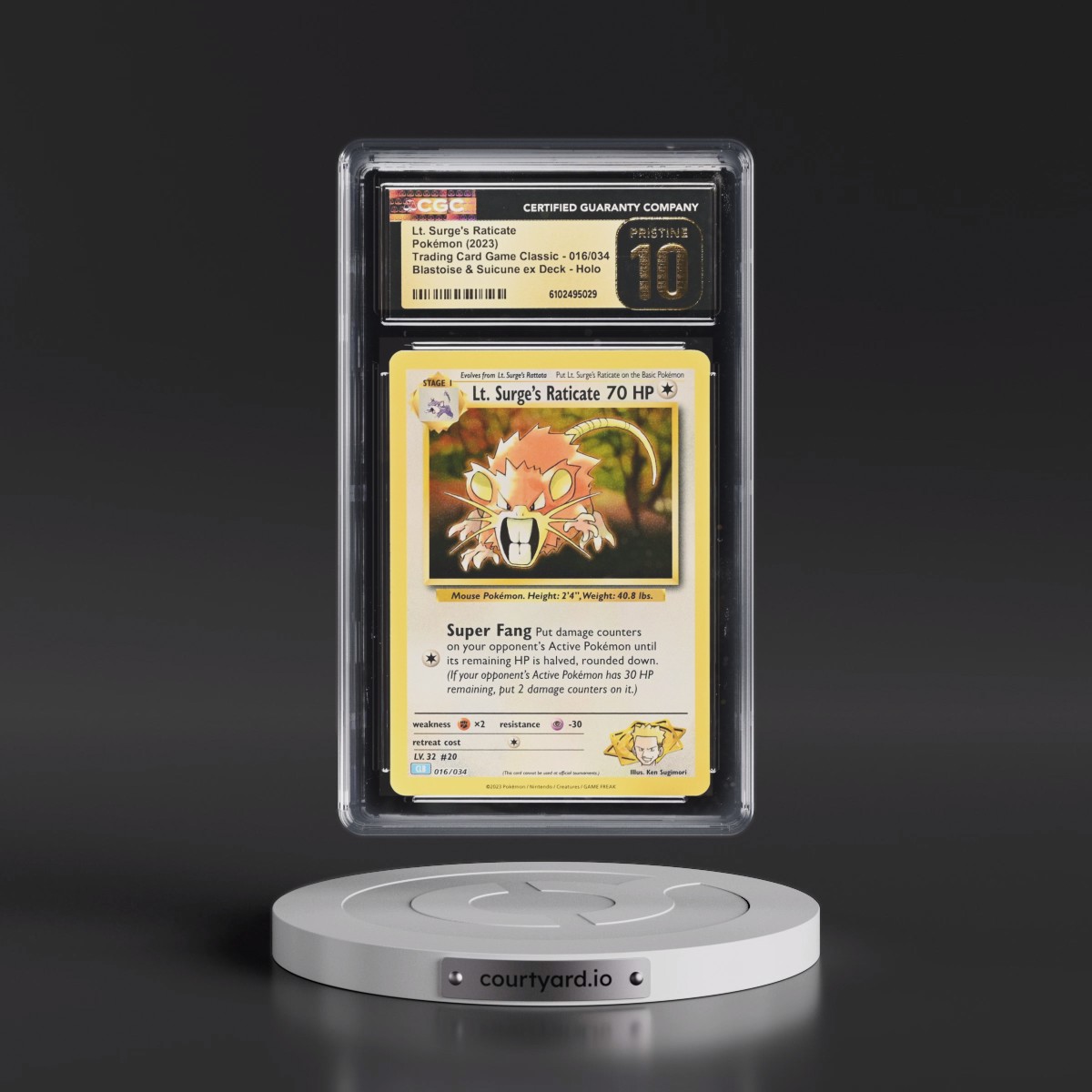 2023 Trading Card Game Classic - CLV, CLC, CLB #016/034 Lt. Surge's Raticate - Blastoise & Suicune ex Deck - CLB Holo (CGC 10 PRISTINE)