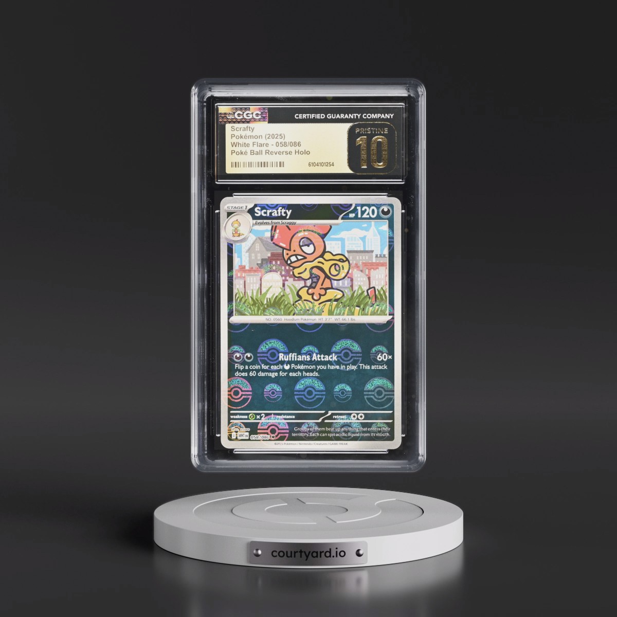 2025 White Flare - WHT EN #058/086 Scrafty - Reverse Holo Poké Ball (CGC 10 PRISTINE)