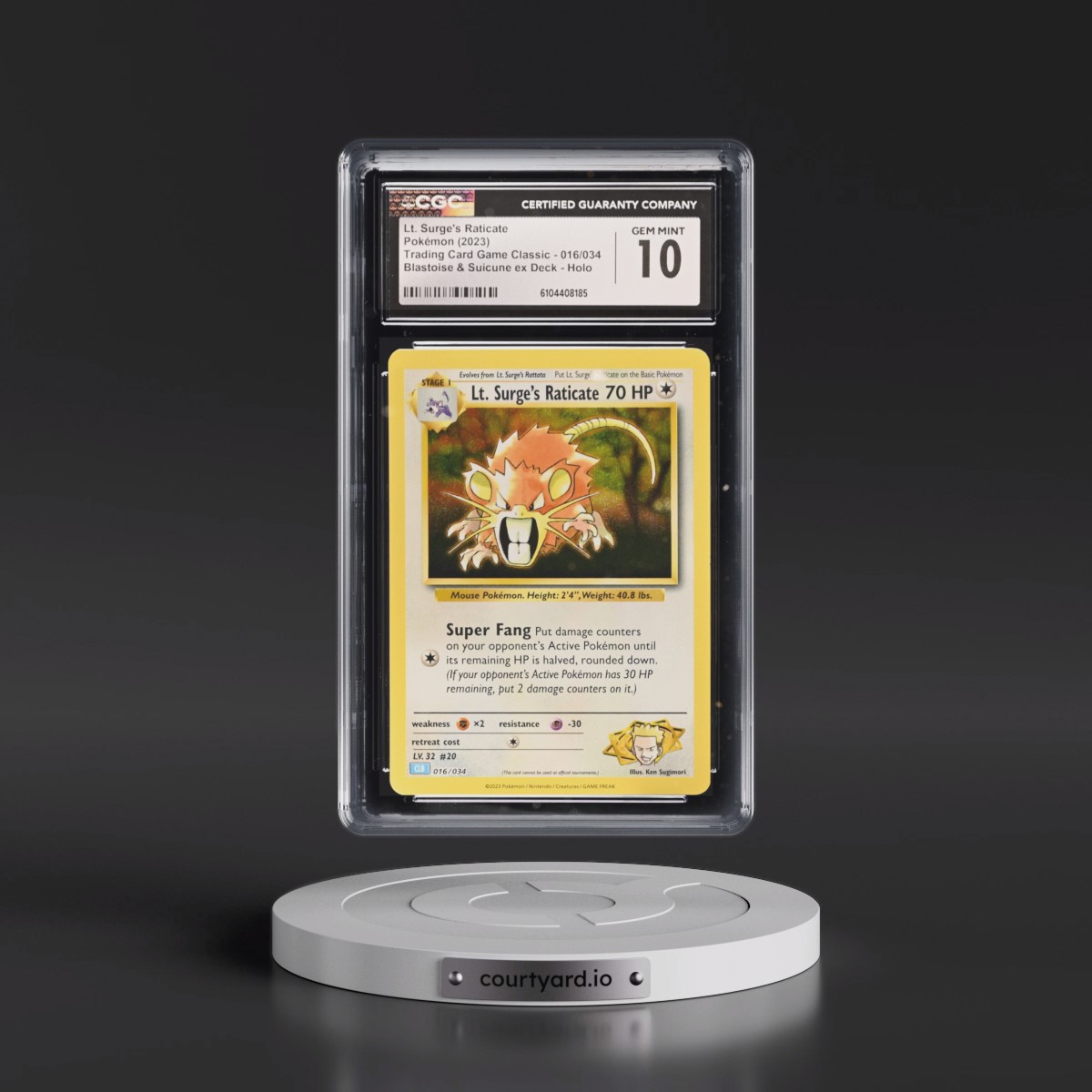 2023 Trading Card Game Classic - CLV, CLC, CLB #016/034 Lt. Surge's Raticate - Blastoise & Suicune ex Deck - CLB Holo (CGC 10 GEM MINT)