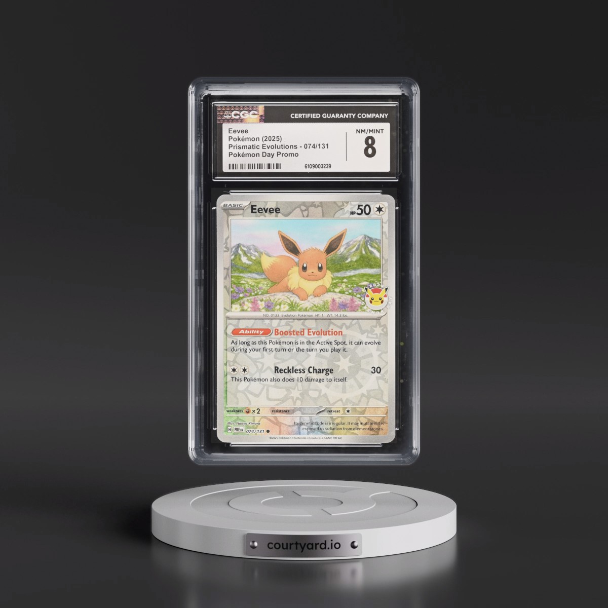 2024 Prismatic Evolutions - PRE EN #074/131 Eevee - Reverse Holo Pokémon Day Promo () (CGC 8 NM-MT)