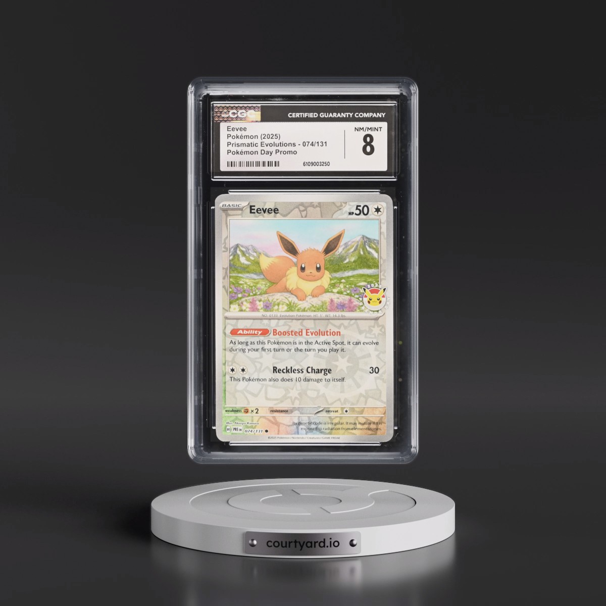 2024 Prismatic Evolutions - PRE EN #074/131 Eevee - Reverse Holo Pokémon Day Promo () (CGC 8 NM-MT)