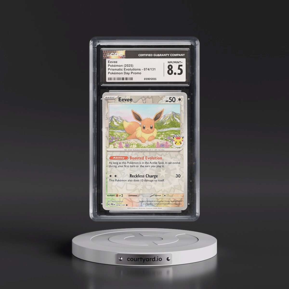 2024 Prismatic Evolutions - PRE EN #074/131 Eevee - Reverse Holo Pokémon Day Promo () (CGC 8.5 NM-MT+)
