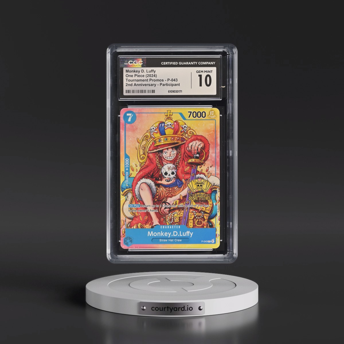 2022 Tournament Promos - English #P-043 Monkey D. Luffy - 2nd Anniversary Participant (CGC 10 GEM MINT)