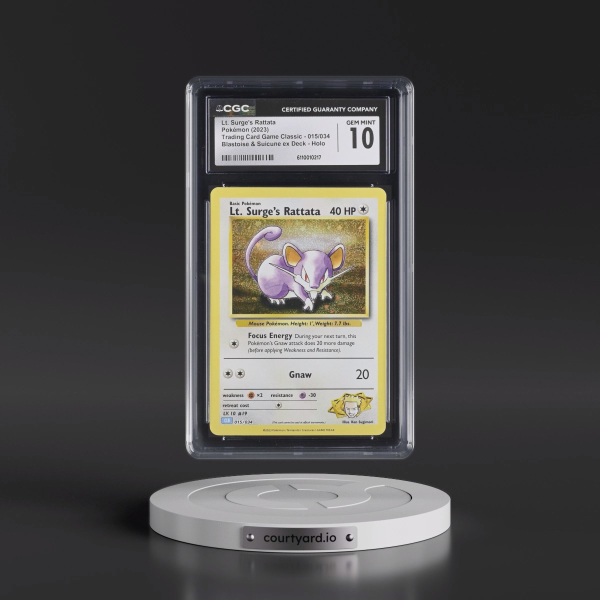 2023 Trading Card Game Classic - CLV, CLC, CLB #015/034 Lt. Surge's Rattata - Blastoise & Suicune ex Deck - CLB Holo (CGC 10 GEM MINT)