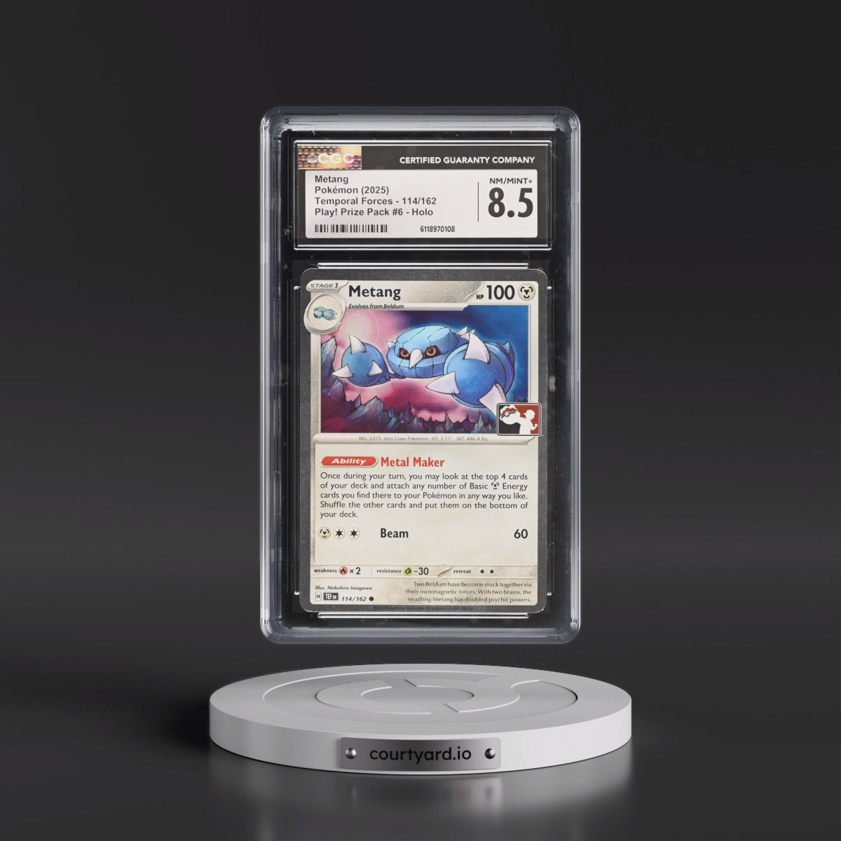 2023 Temporal Forces - TEF EN #114/162 Metang - Play! Pokémon Prize Pack #6 (Cosmos Holo) Holo (CGC 8.5 NM-MT+)