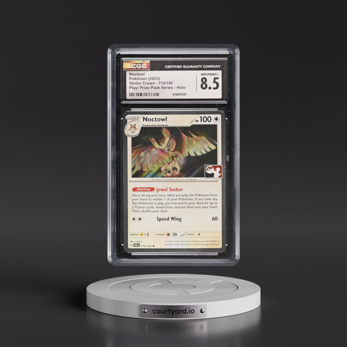 2024 Stellar Crown - SCR EN #115/142 Noctowl - Play! Pokémon Prize Pack Series (Cosmos Holo) Holo (CGC 8.5 NM-MT+)