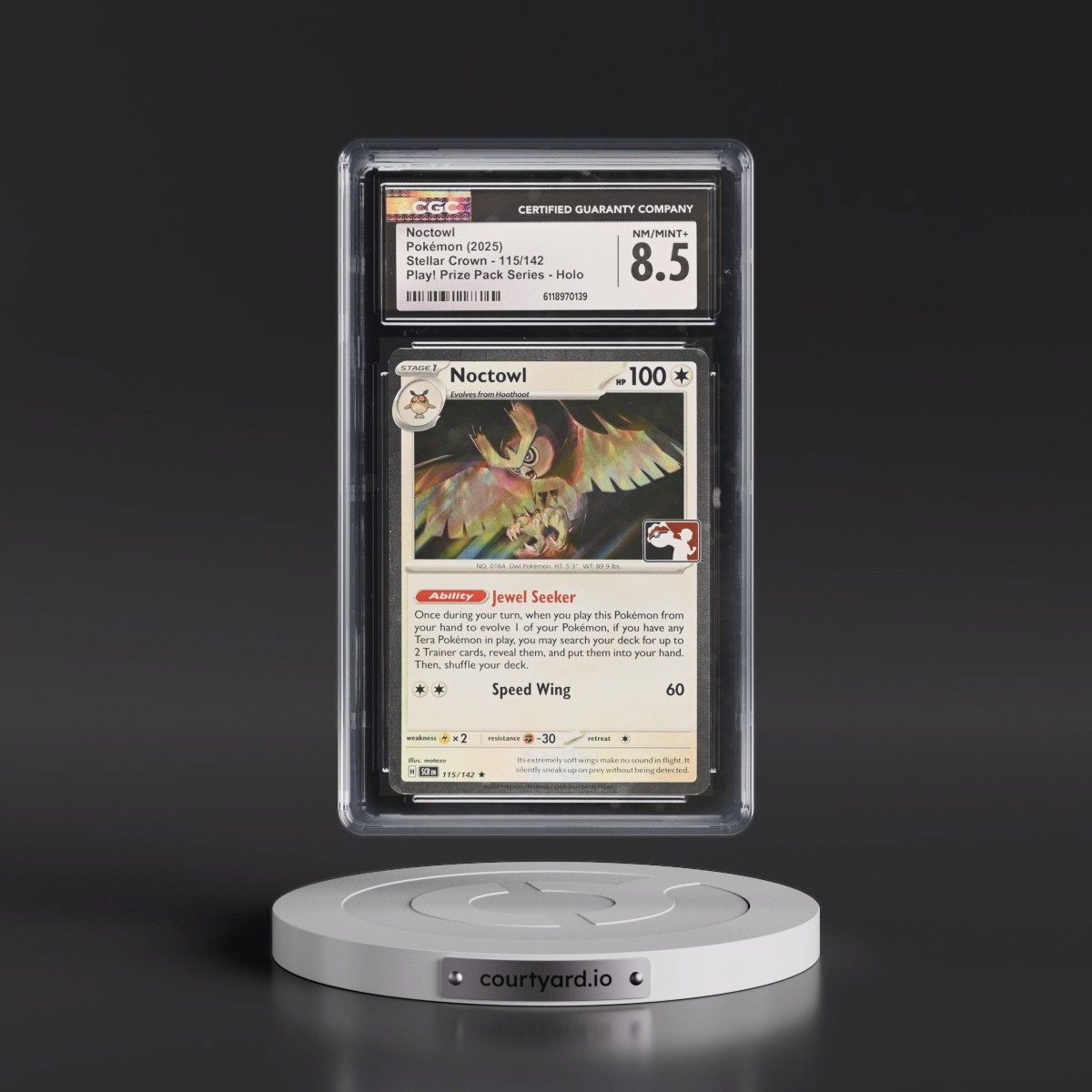 2024 Stellar Crown - SCR EN #115/142 Noctowl - Play! Pokémon Prize Pack Series (Cosmos Holo) Holo (CGC 8.5 NM-MT+)