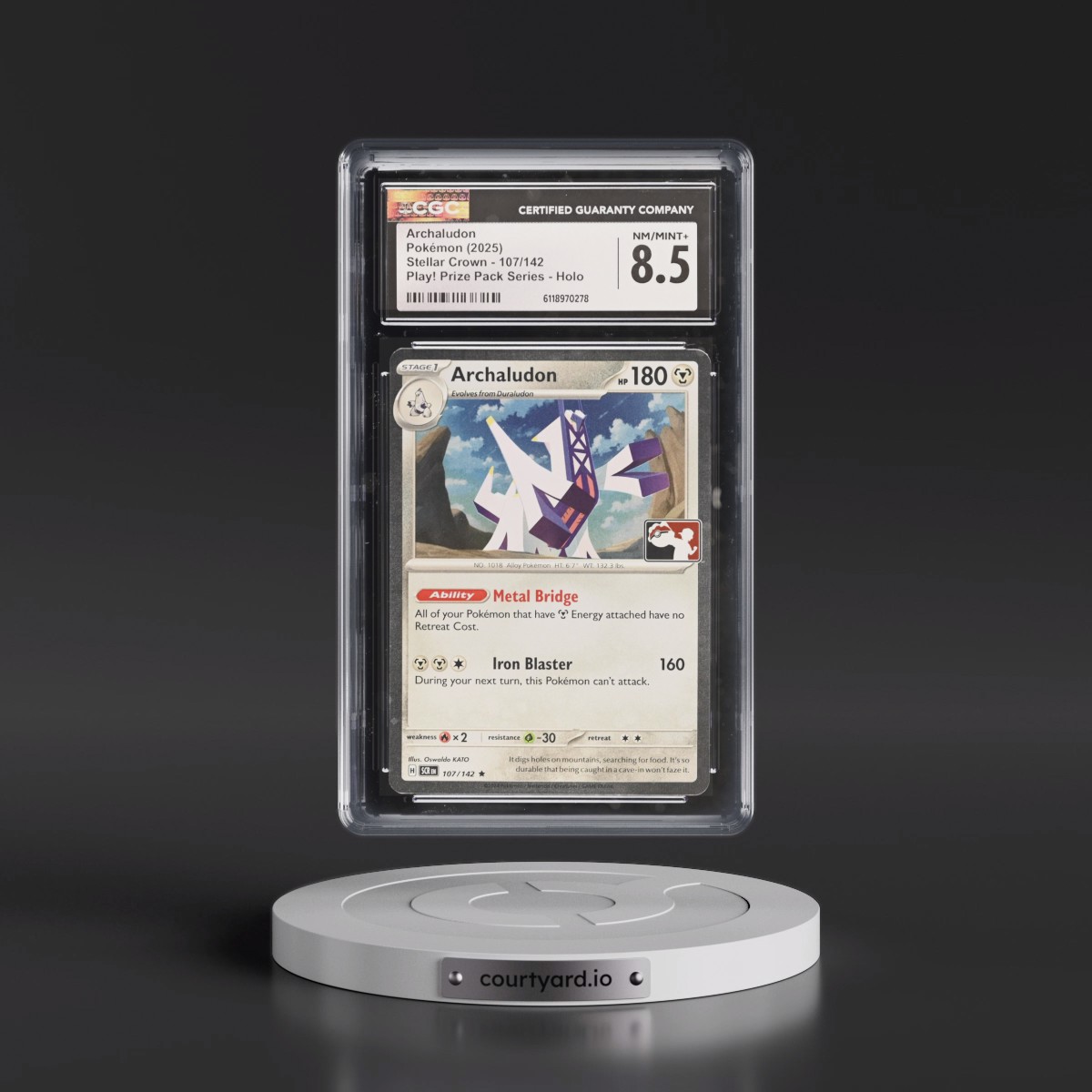 2024 Stellar Crown - SCR EN #107/142 Archaludon - Play! Pokémon Prize Pack Series (Cosmos Holo) Holo (CGC 8.5 NM-MT+)